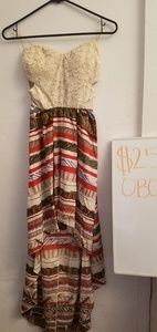 Striped strapless dress with lace top